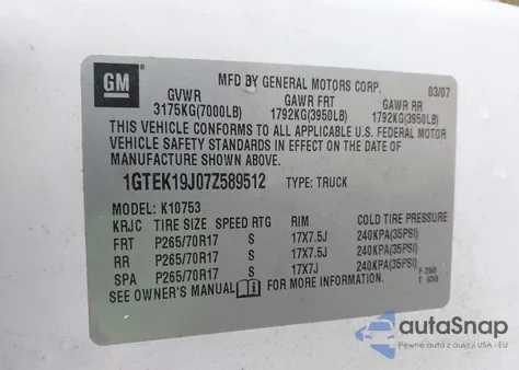 2007 GMC Sierra 1500 Sle1 from USA, damaged, VIN 1GTEK19J07Z589512